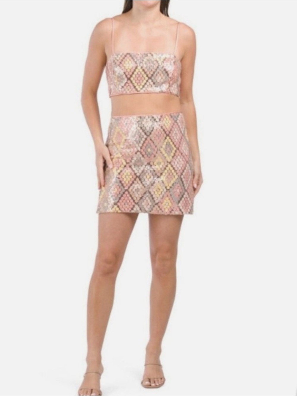 Caroline Constas Diamond Pattern Sequin 2-piece Crop Top Mini Skirt Set